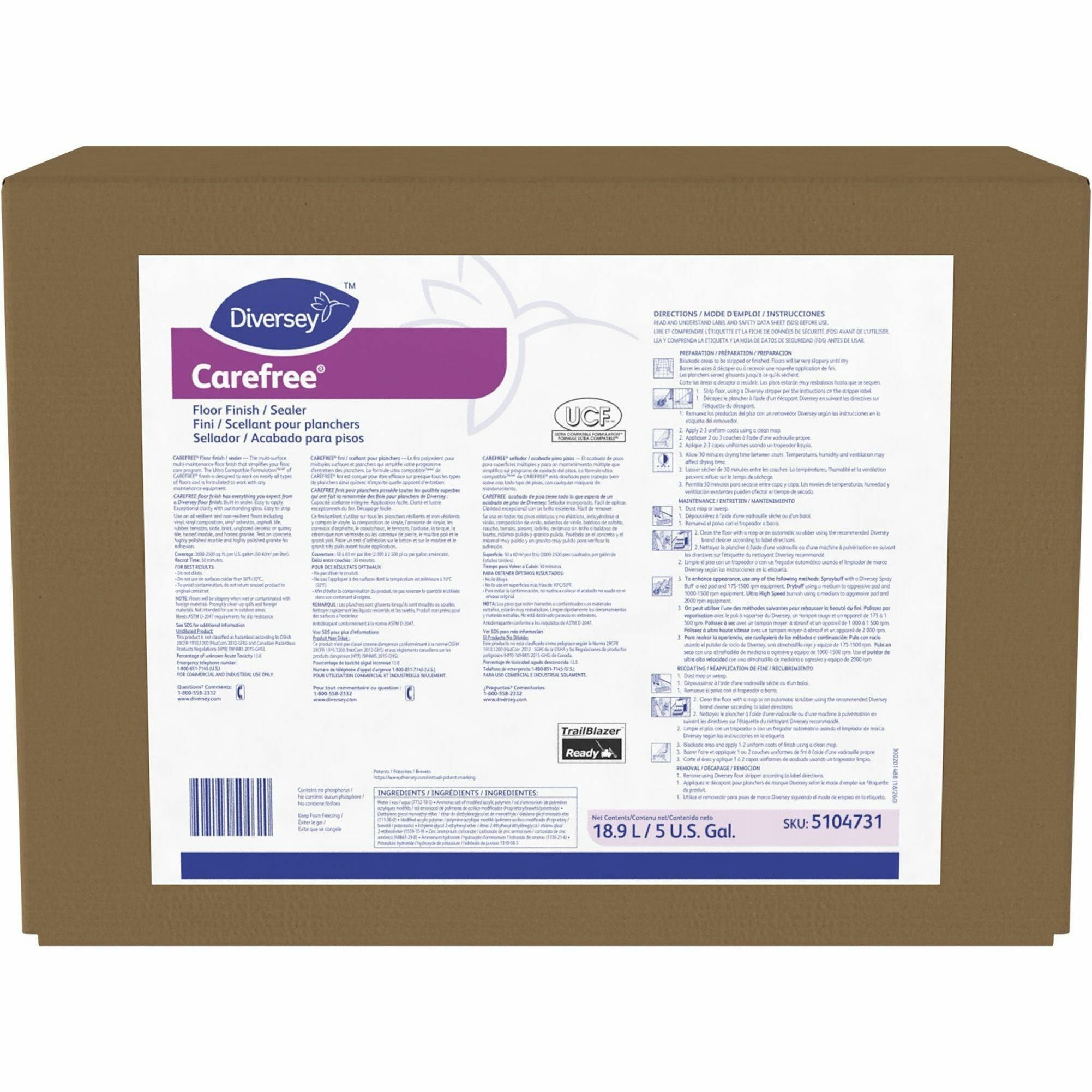 Diversey Carefree Floor Finish/Sealer, Ready-To-Use, 640 fl oz (20 quart), 8.8 pH, Ammonia Scent, Off White, 1 Each