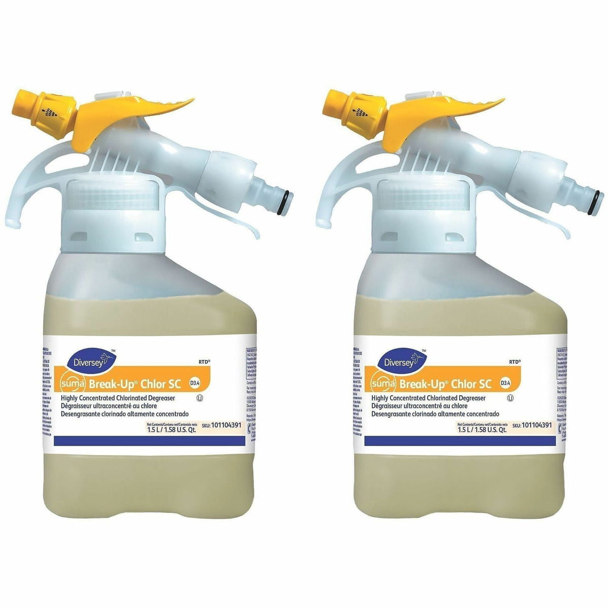 Suma Break-Up Chlor SC D3.4 - For Multipurpose, Multi Surface - Concentrate - Spray - 50.7 fl oz (1.6 quart) - 12.66 to 13.22 pH - Chlorine Scent - Kosher, Heavy Duty - Yellow - 2 / Carton