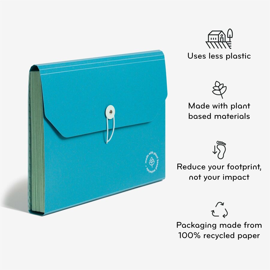 U Brands U-Eco Letter Expanding File, 8.5" x 11", 13 Pockets, Poly, Blue, 1 Each