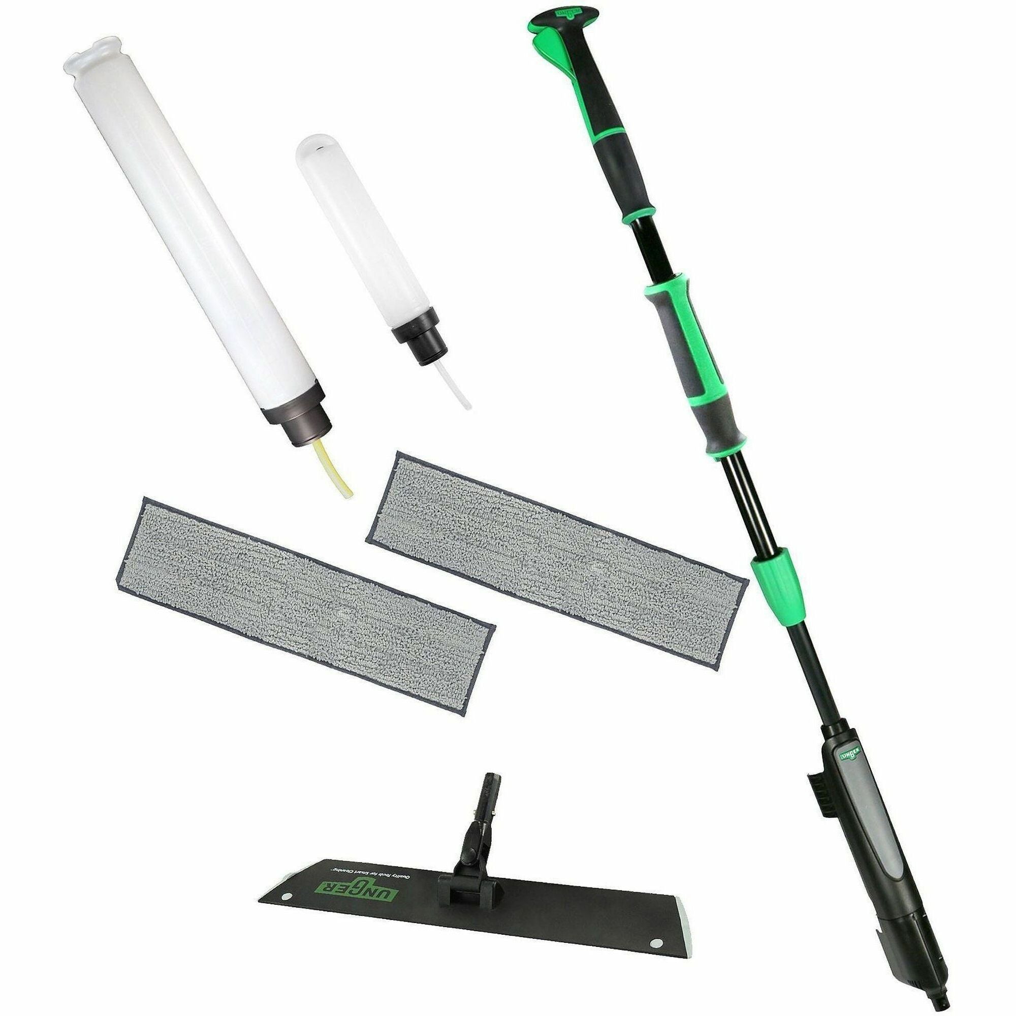 Unger Excella Floor Cleaning Straight Kit, Includes 1 Straight Pole with Actuator, 1 Mop Pad Holder (18"), 2 Cleaning Mop Pads (20"), 1 Large Bottle (1L), 1 Small Bottle (0.5L), Microfiber, Green/Black, 1 Carton