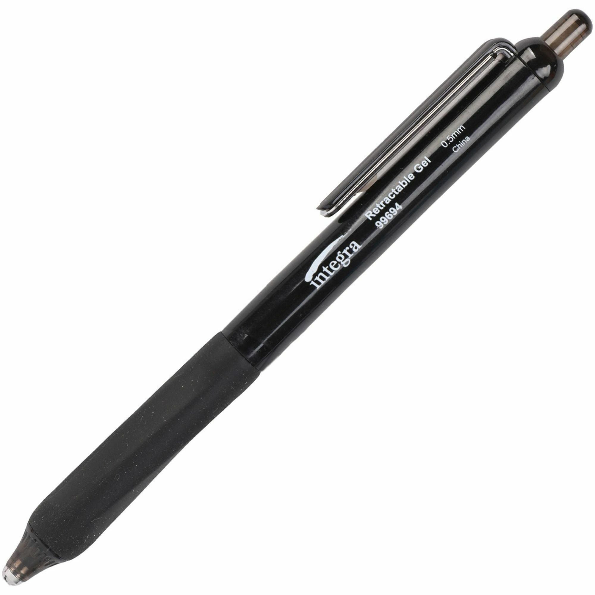 Integra Silent Retractable Gel Pens, 0.5 mm, Black Ink, 12/Box