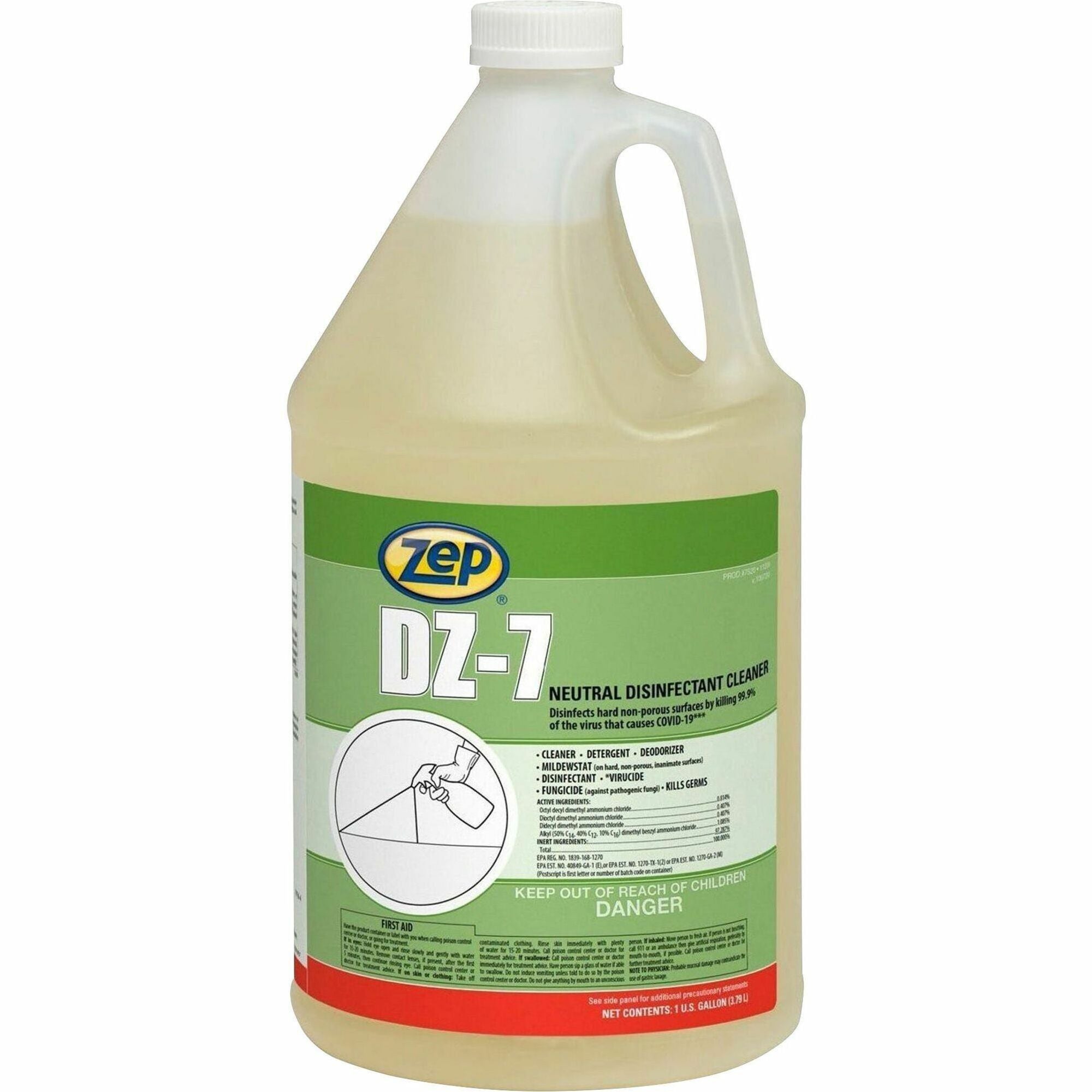 Zep Commercial DZ-7 Neutral Disinfectant Cleaner, 128 fl oz (4 quart), Neutral Scent, Virucidal, Bactericide, Fungicide, Mildewstatic, pH Neutral, Phosphate-free, Butyl-free, APE-free, Yellow, 1 Each