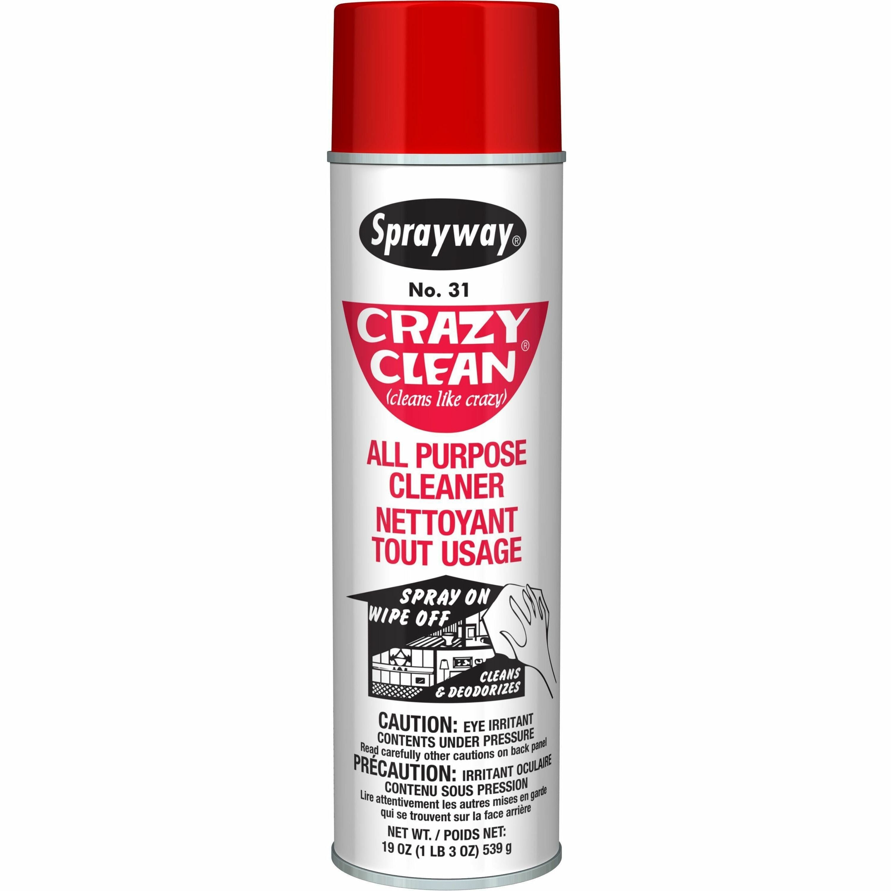 Sprayway Crazy Clean All-Purpose Cleaner, Ready-To-Use Foam Spray, 19 fl oz, Deodorizing, Non-abrasive, White, 1 Each