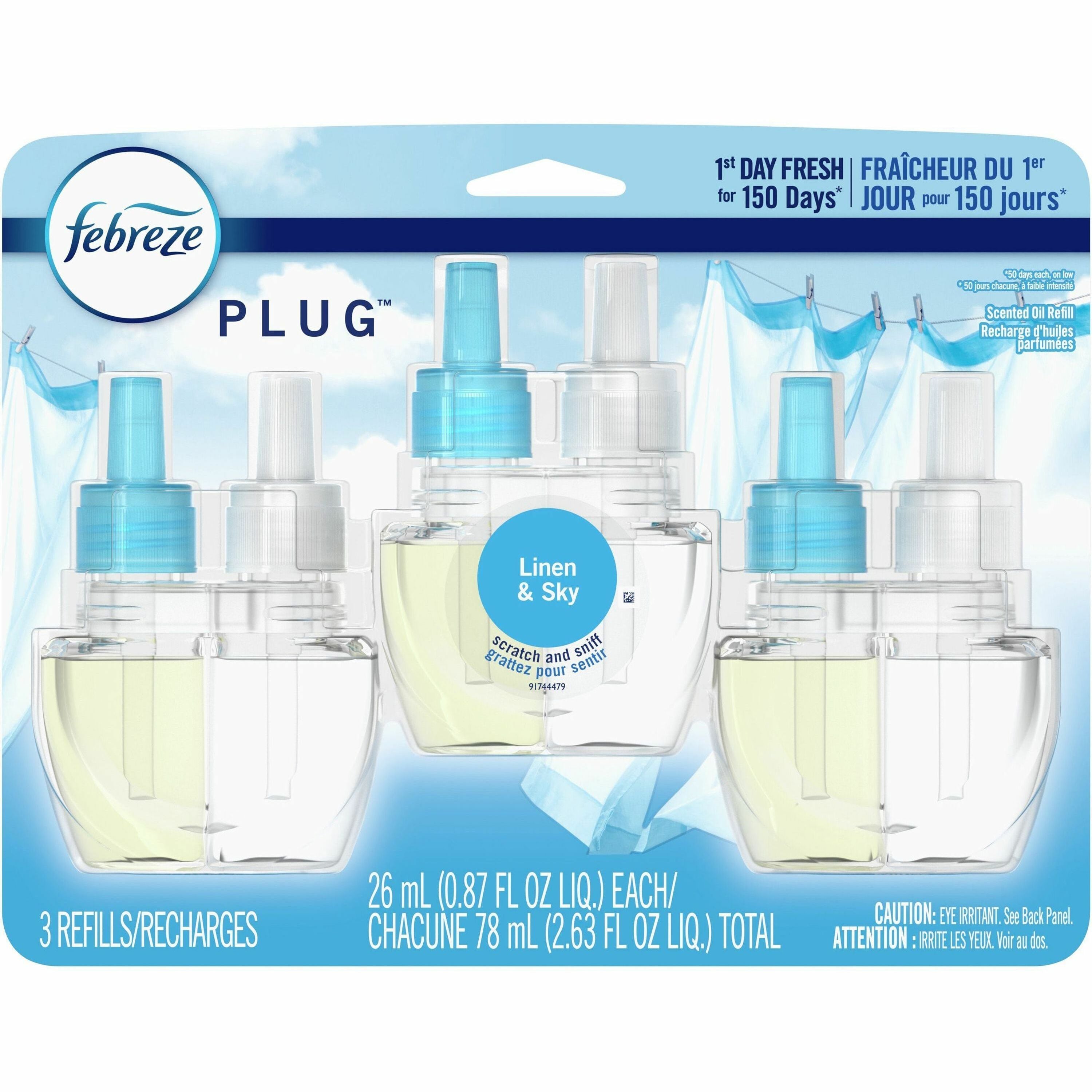 Febreze Plug Linen & Sky Oil Refill, 0.8 fl oz, 3/Pack, 3/Carton, Long Lasting, Odor Neutralizer, 50 Day