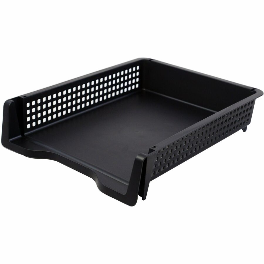 Business Source Stackable Letter Tray, Front Loading, Black, Plastic, 1 Each