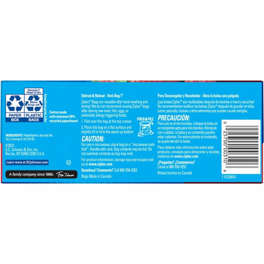 Ziploc Stand-Up Storage Bags, Blue, 48 Bags per Box, 9 Boxes per Carton
