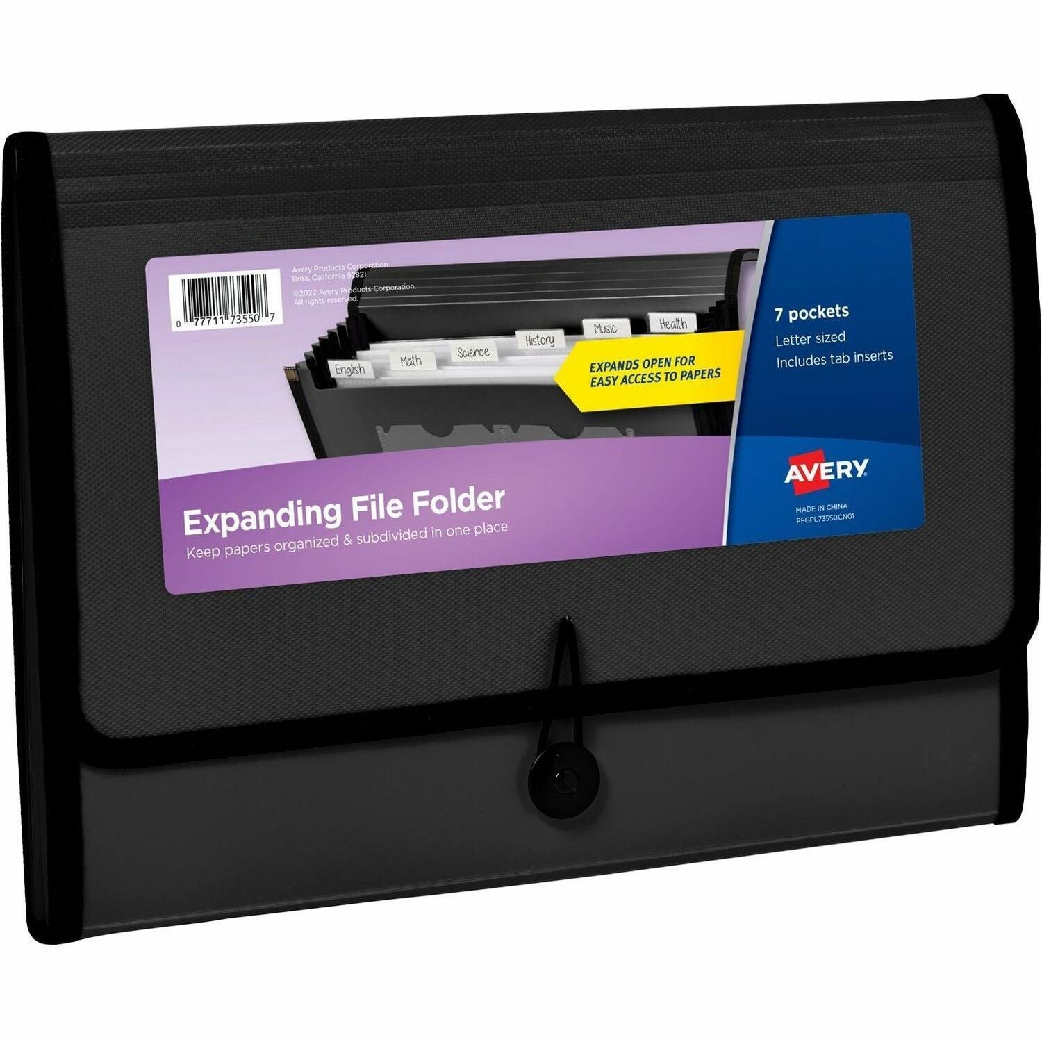 Avery Expanding File Folder, 7 Pockets, 425 Sheet Capacity, Letter/A4 Size, Polypropylene/Plastic/Fabric, Black, 1 Each