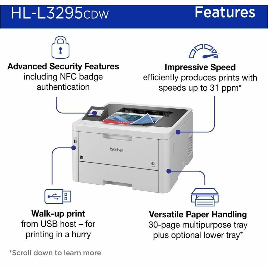 31 ppm Mono / 31 ppm Color - 2400 x 600 dpi class - Automatic Duplex Print - 250 Sheets Input - Ethernet - Wireless LAN - Wi-Fi Direct, Apple AirPrint, Mopria, Brother Mobile Connect - 50000 Pages Duty Cycle - Plain Paper Print - Gigabit Ethernet - USB