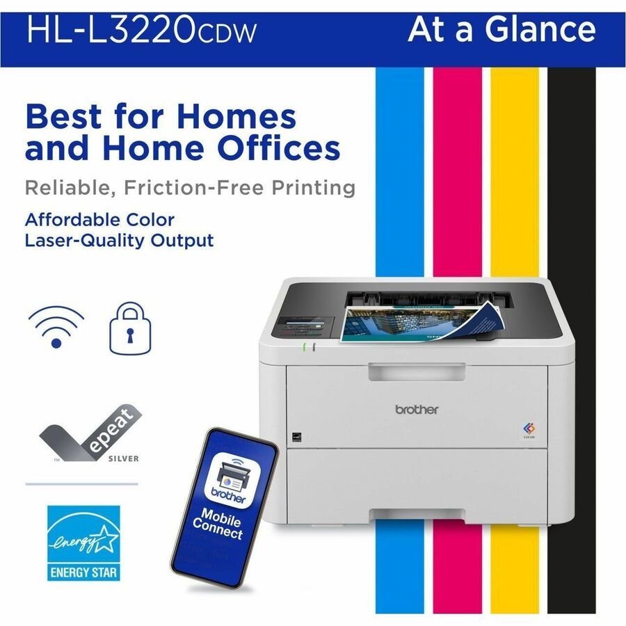 19 ppm Mono / 19 ppm Color - 2400 x 600 dpi class - Automatic Duplex Print - 250 Sheets Input - Wireless LAN - Wi-Fi Direct, Apple AirPrint, Mopria, Brother Mobile Connect - 40000 Pages Duty Cycle - Plain Paper Print - USB