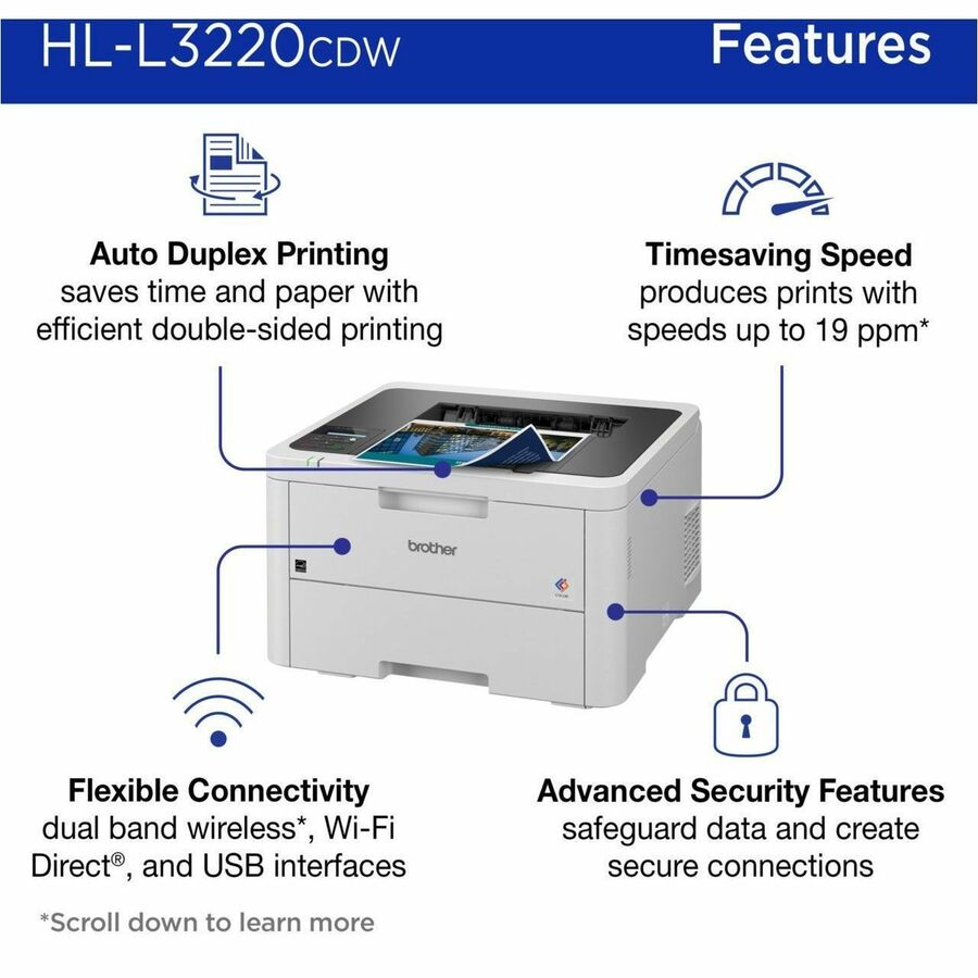 19 ppm Mono / 19 ppm Color - 2400 x 600 dpi class - Automatic Duplex Print - 250 Sheets Input - Wireless LAN - Wi-Fi Direct, Apple AirPrint, Mopria, Brother Mobile Connect - 40000 Pages Duty Cycle - Plain Paper Print - USB