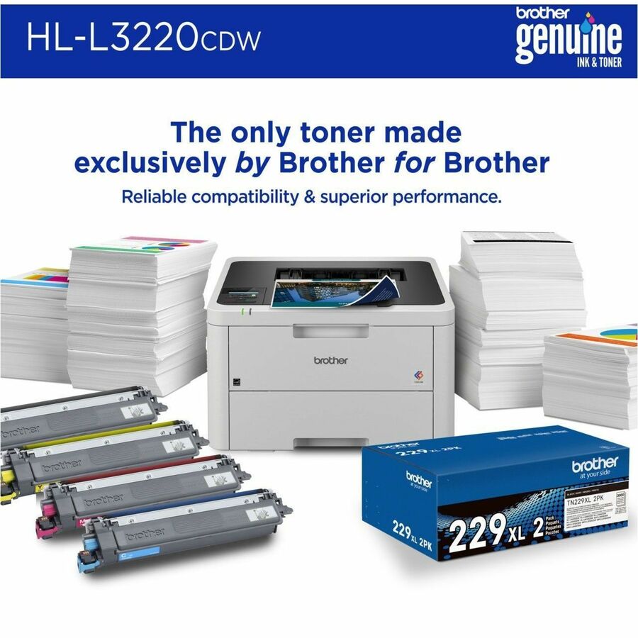 19 ppm Mono / 19 ppm Color - 2400 x 600 dpi class - Automatic Duplex Print - 250 Sheets Input - Wireless LAN - Wi-Fi Direct, Apple AirPrint, Mopria, Brother Mobile Connect - 40000 Pages Duty Cycle - Plain Paper Print - USB
