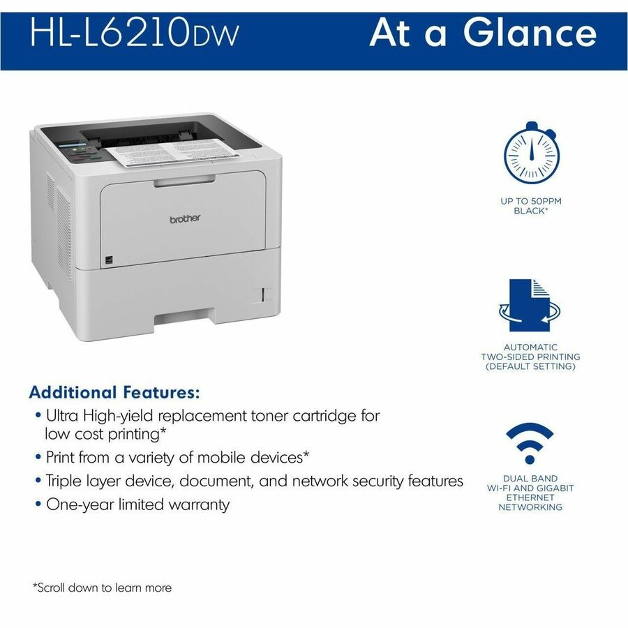 50 ppm Mono - 1200 x 1200 dpi class - Automatic Duplex Print - 520 Sheets Input - Ethernet - Wireless LAN - Wi-Fi Direct, Apple AirPrint, Mopria, Brother Mobile Connect - 125000 Pages Duty Cycle - Plain Paper Print - Gigabit Ethernet - USB