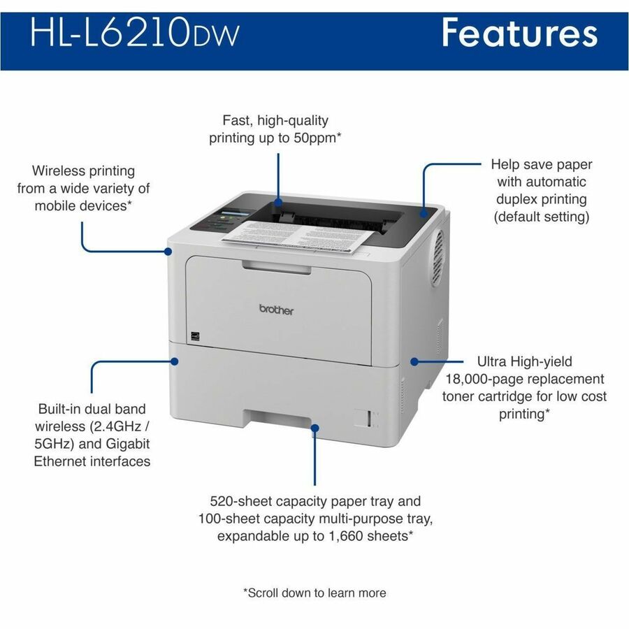 50 ppm Mono - 1200 x 1200 dpi class - Automatic Duplex Print - 520 Sheets Input - Ethernet - Wireless LAN - Wi-Fi Direct, Apple AirPrint, Mopria, Brother Mobile Connect - 125000 Pages Duty Cycle - Plain Paper Print - Gigabit Ethernet - USB