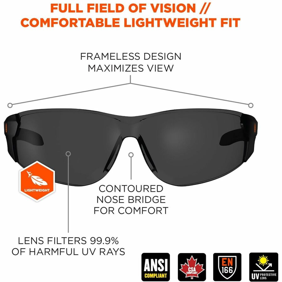 Ergodyne Skullerz SAGA Anti-Scratch & Enhanced Anti-Fog Safety Glasses, Smoke Lens, Matte Black Frame, Polycarbonate, Rimless, Lightweight, Non-slip, 1 Each