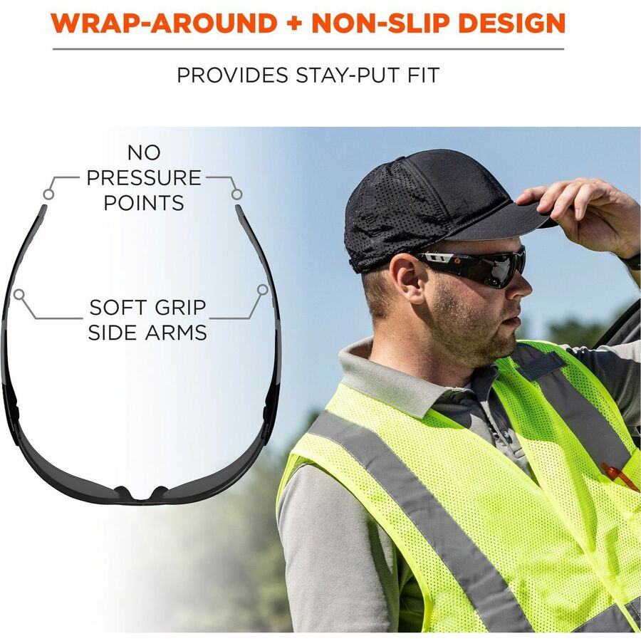 Ergodyne Skullerz SAGA Anti-Scratch & Enhanced Anti-Fog Safety Glasses, Smoke Lens, Matte Black Frame, Polycarbonate, Rimless, Lightweight, Non-slip, 1 Each