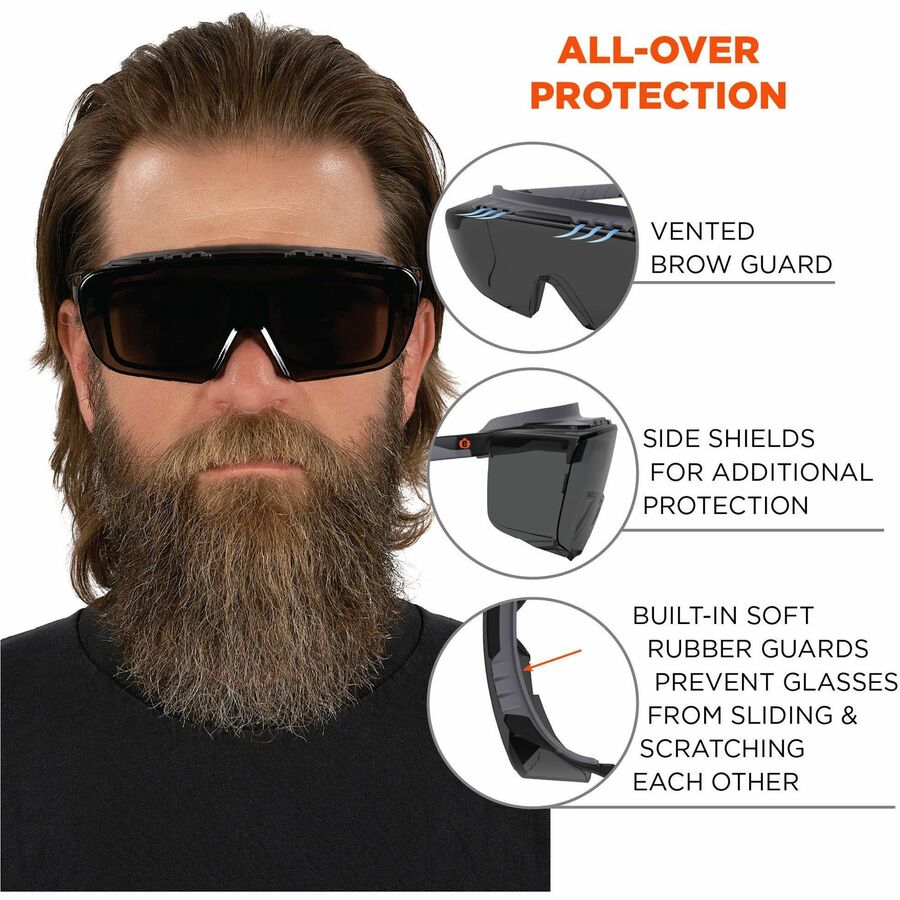 Ergodyne Skullerz OSMIN Anti-Scratch & Enhanced Anti-Fog Safety Glasses, Smoke Lens, Matte Black Frame, Over-the-Glasses, Adjustable Temple, Vented, 1 Each