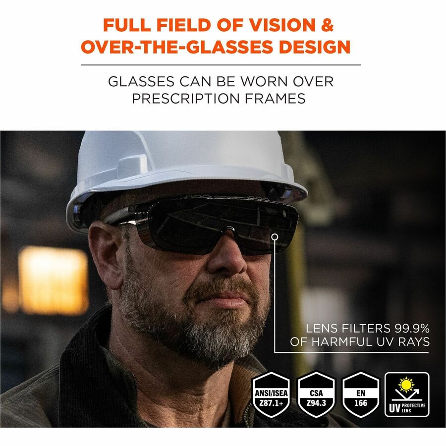 Ergodyne Skullerz OSMIN Anti-Scratch & Enhanced Anti-Fog Safety Glasses, Smoke Lens, Matte Black Frame, Over-the-Glasses, Adjustable Temple, Vented, 1 Each