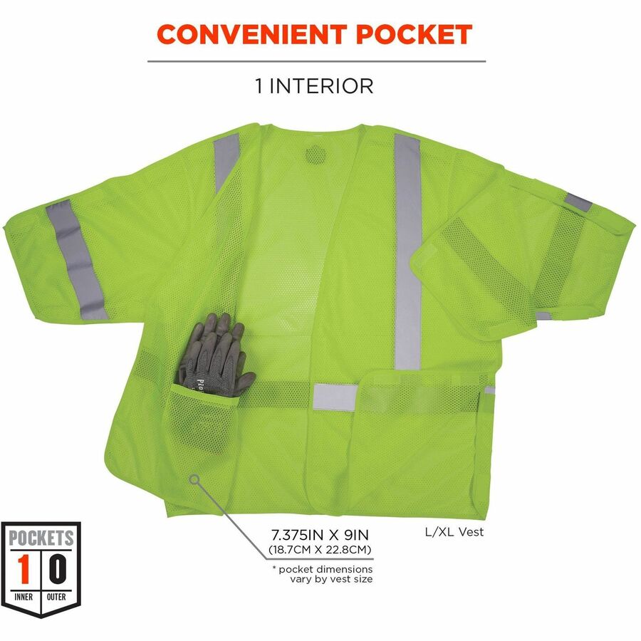 Ergodyne GloWear 8315BA Mesh Hi-Vis Safety Vest, Large/Extra Large, Lime, Reflective Straps, Hook & Loop Closure, Polyester Mesh, Machine Washable, Breathable, Multiple Pockets, 1 Each