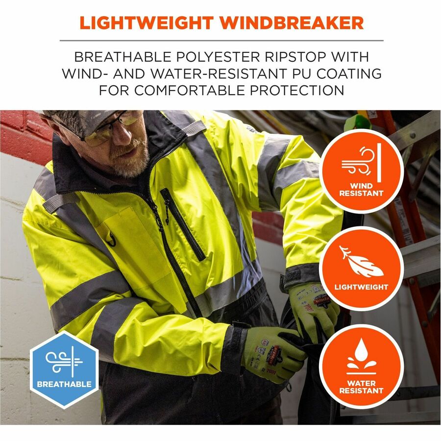 Ergodyne 8351 Hi-Vis Windbreaker Jacket, 2XL, Lime, Polyester/Fabric/Fleece, 1 Each