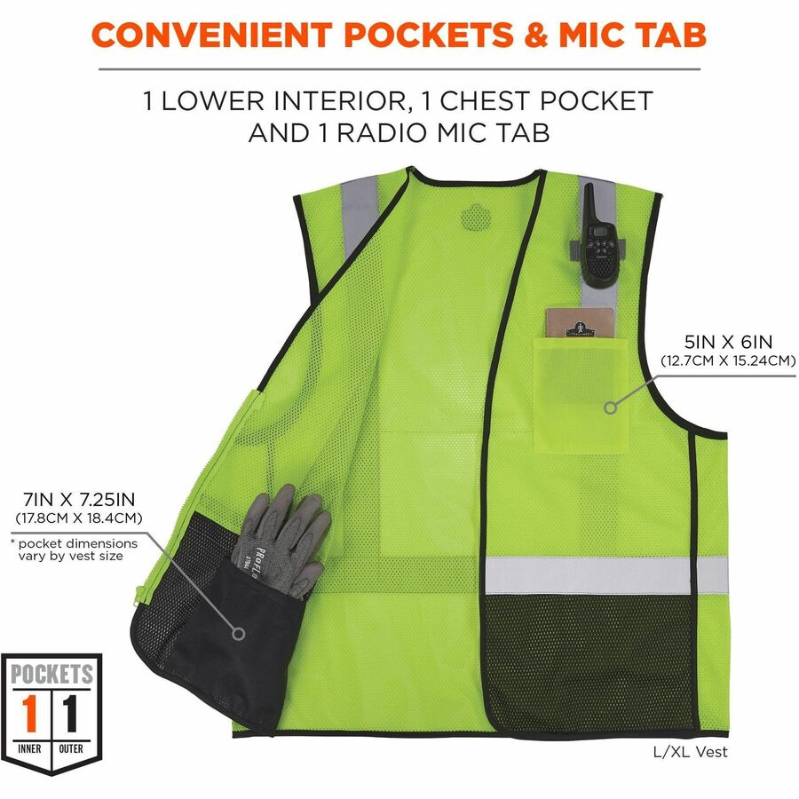 Ergodyne GloWear 8210Z Type R Economy Mesh Vest, 4X/5X, Lime, Zipper Closure, 2 Pockets, High Visibility, Reflective, Lightweight, Machine Washable, Polyester Mesh, 1 Each