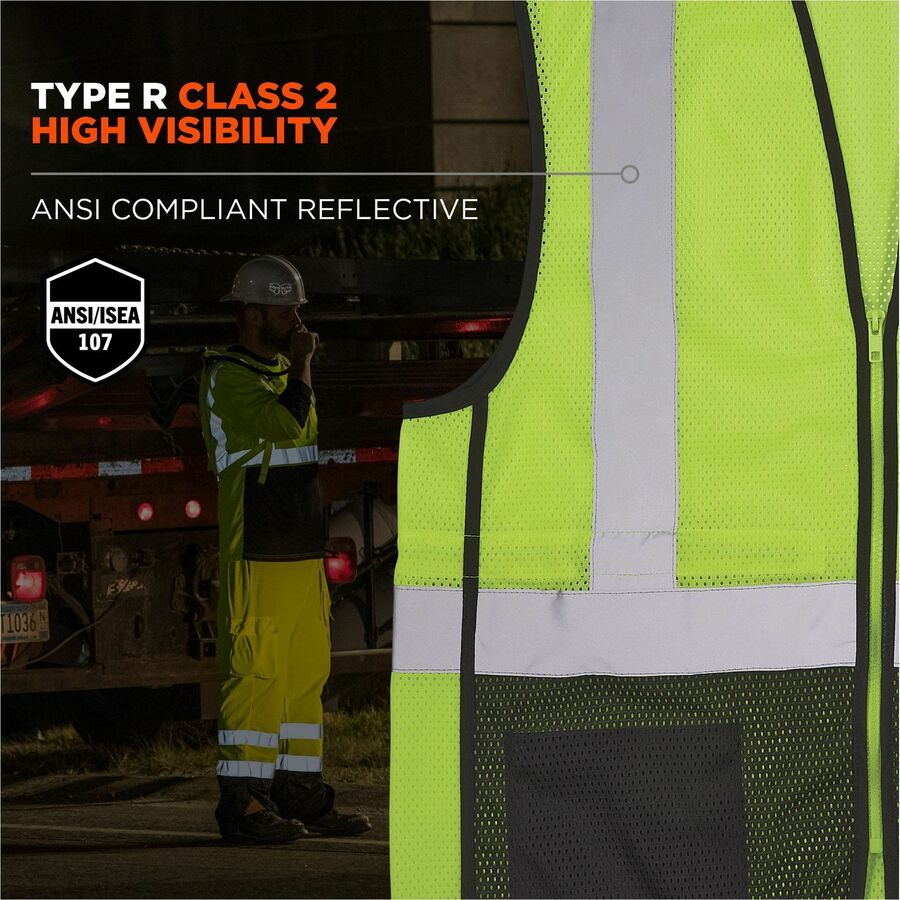 Ergodyne GloWear 8210Z Type R Economy Mesh Vest, 4X/5X, Lime, Zipper Closure, 2 Pockets, High Visibility, Reflective, Lightweight, Machine Washable, Polyester Mesh, 1 Each