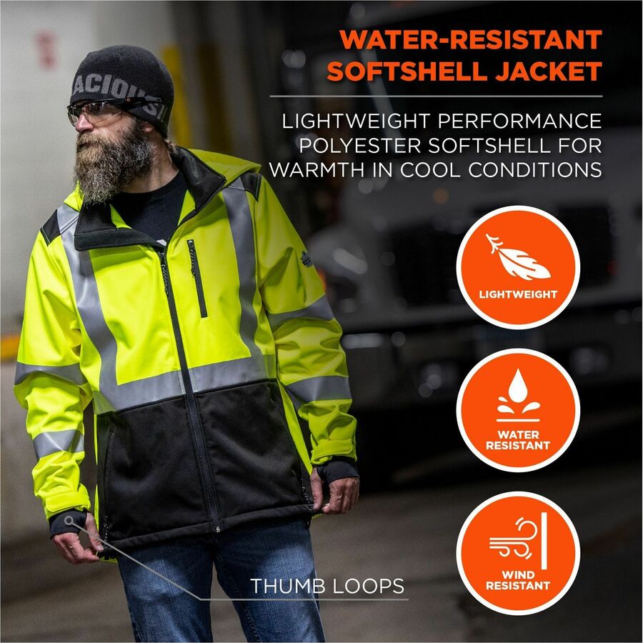 Ergodyne 8353 Hi-Vis Softshell Jacket, Medium, Black/Lime, Polyester/Fleece, 1 Each