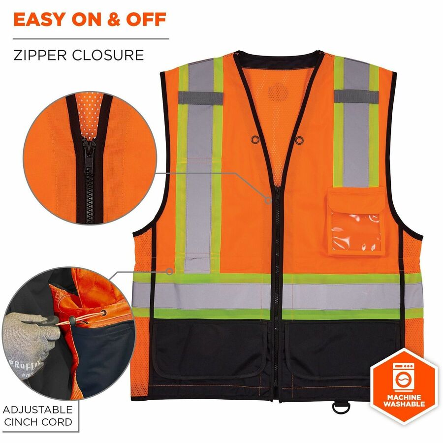 Ergodyne 8251HDZ-BK 2-Tone Hi-Vis Safety Vest, Large/Extra Large, Zipper Closure, Orange, Reflective, Mesh Back, Breathable, Lightweight, Multiple Pockets, 1 Each