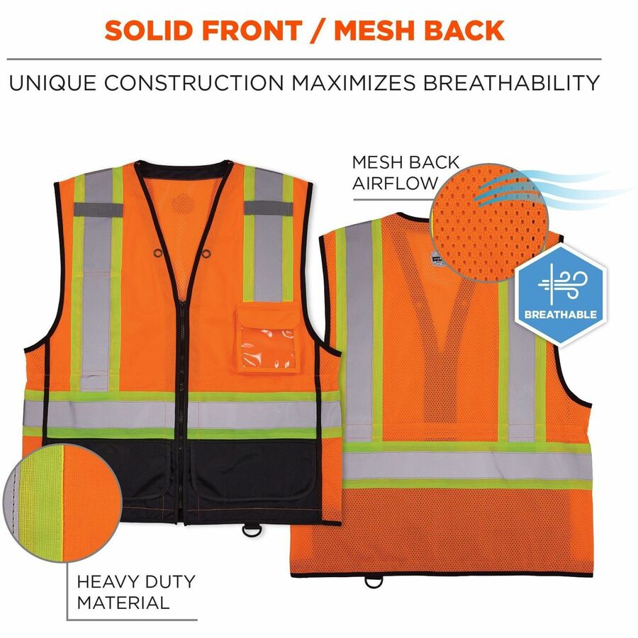 Ergodyne 8251HDZ-BK 2-Tone Hi-Vis Safety Vest, Large/Extra Large, Zipper Closure, Orange, Reflective, Mesh Back, Breathable, Lightweight, Multiple Pockets, 1 Each
