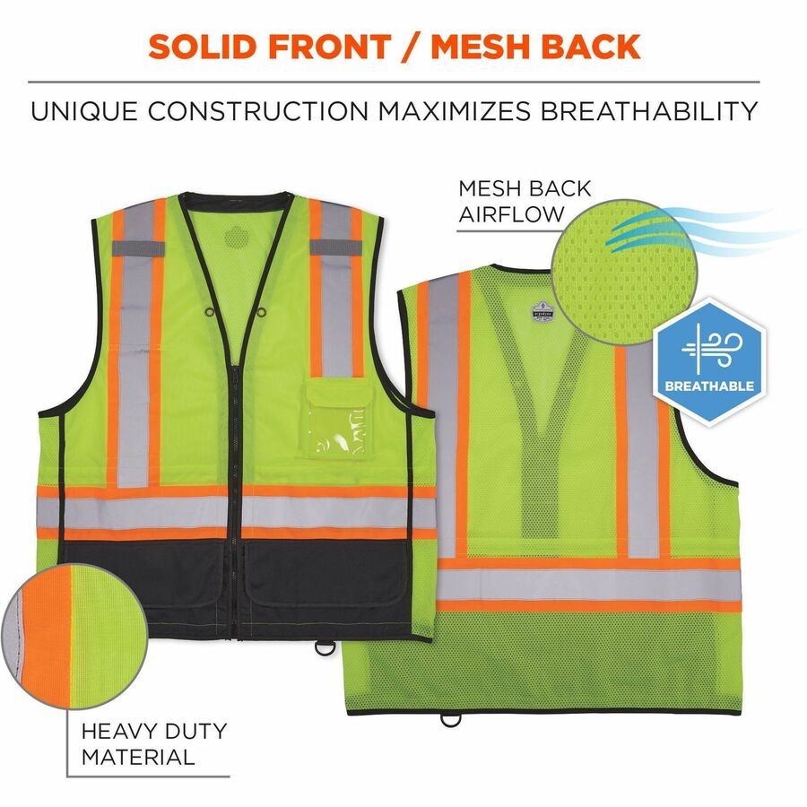 Ergodyne 8251HDZ-BK 2-Tone Hi-Vis Safety Vest, Lime, 4XL/5XL, Zipper Closure, Polyester Mesh, Reflective Straps, Breathable, Lightweight, Multiple Pockets, 1 Each
