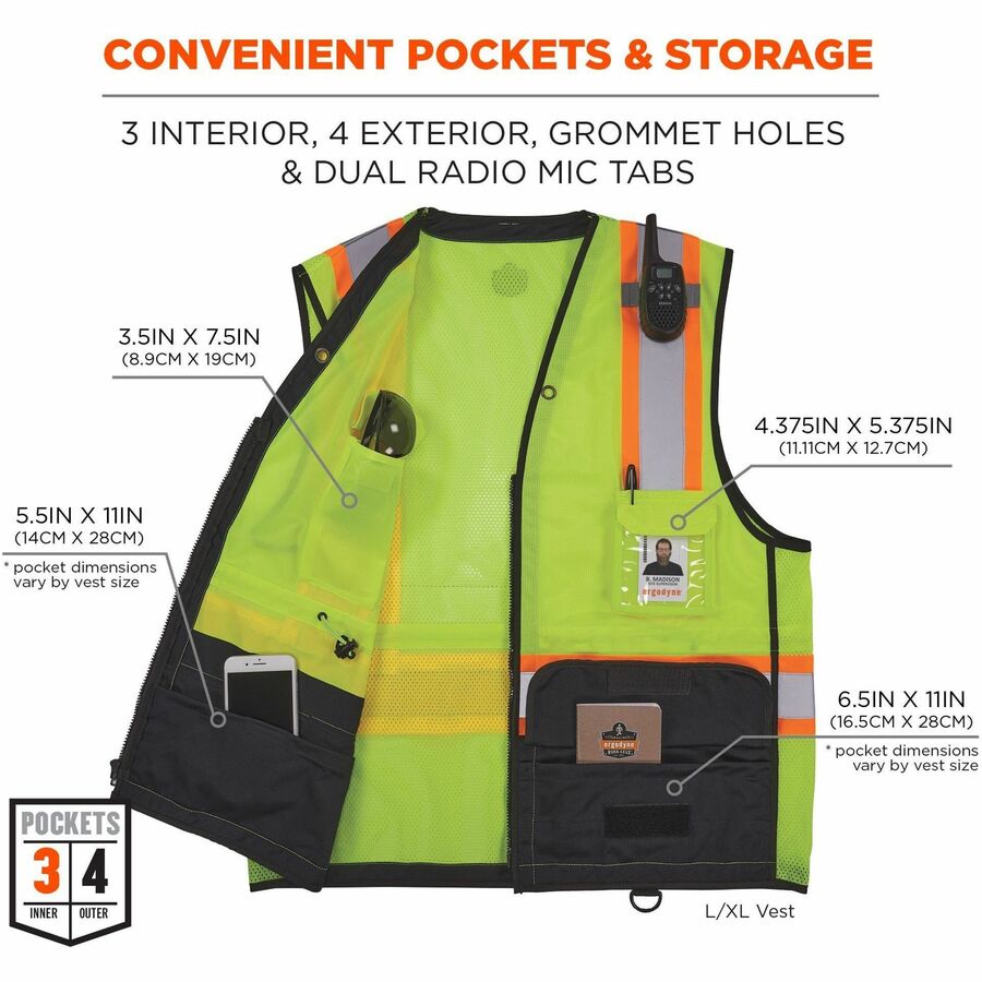 Ergodyne 8251HDZ-BK 2-Tone Hi-Vis Safety Vest, Lime, 4XL/5XL, Zipper Closure, Polyester Mesh, Reflective Straps, Breathable, Lightweight, Multiple Pockets, 1 Each