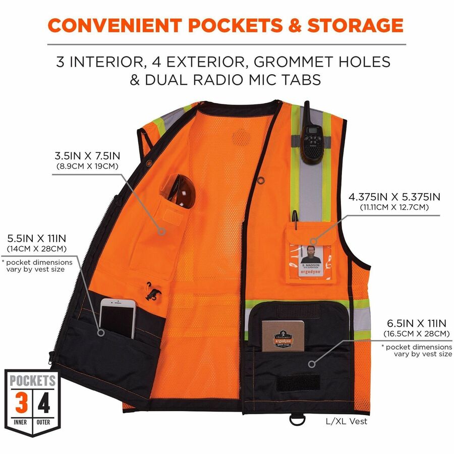 Ergodyne 8251HDZ-BK 2-Tone Hi-Vis Safety Vest, Small/Medium, Orange, Zipper Closure, Reflective, Mesh Back, Breathable, Lightweight, Adjustable Waist, Multiple Pockets, 1 Each