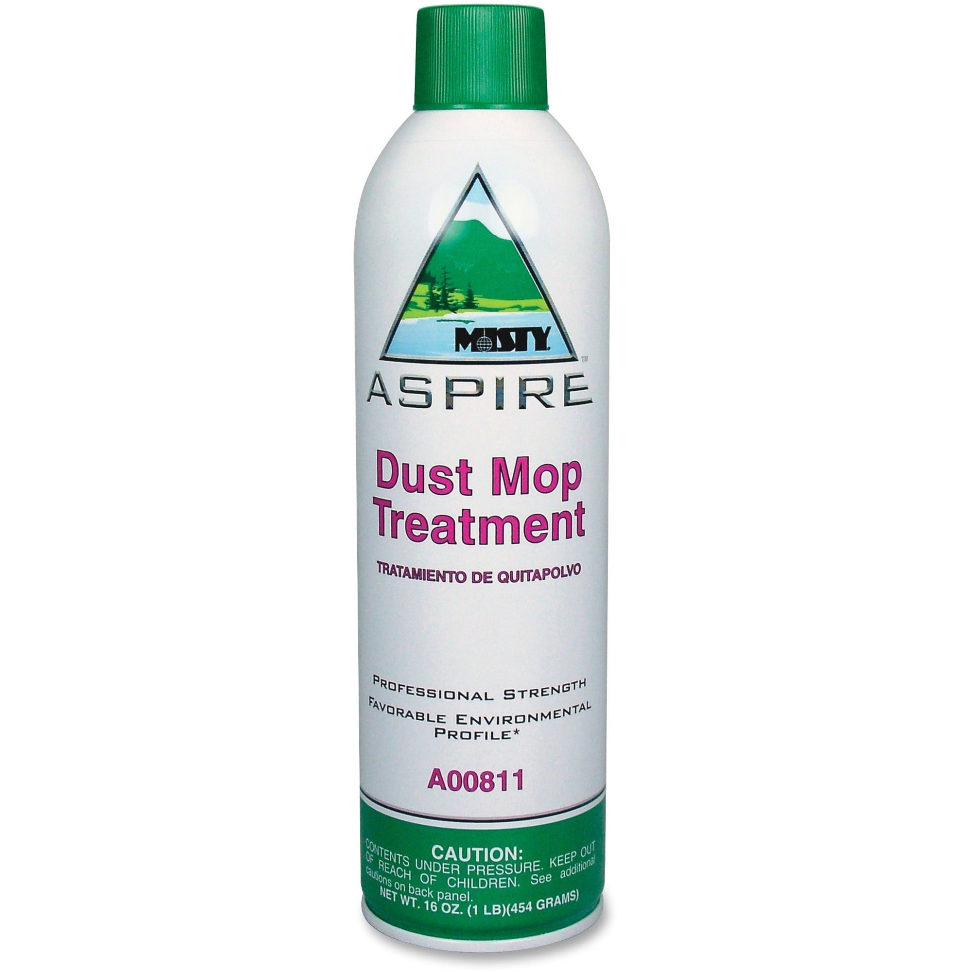 MISTY Aspire Dust Mop Treatment, Aerosol, 16 fl oz, Lemon Citrus Scent, VOC-free, No-wax, Water Based, Non-flammable, Silicon-free, Clear/White, 1 Each