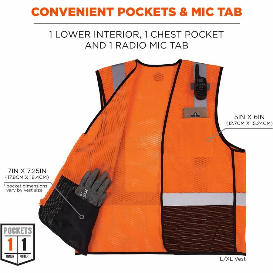 Ergodyne GloWear 8210Z Type R Economy Mesh Vest, Small/Medium, Orange, Zipper Closure, 2 Pockets, High Visibility, Reflective, Lightweight, Machine Washable, 1 Each
