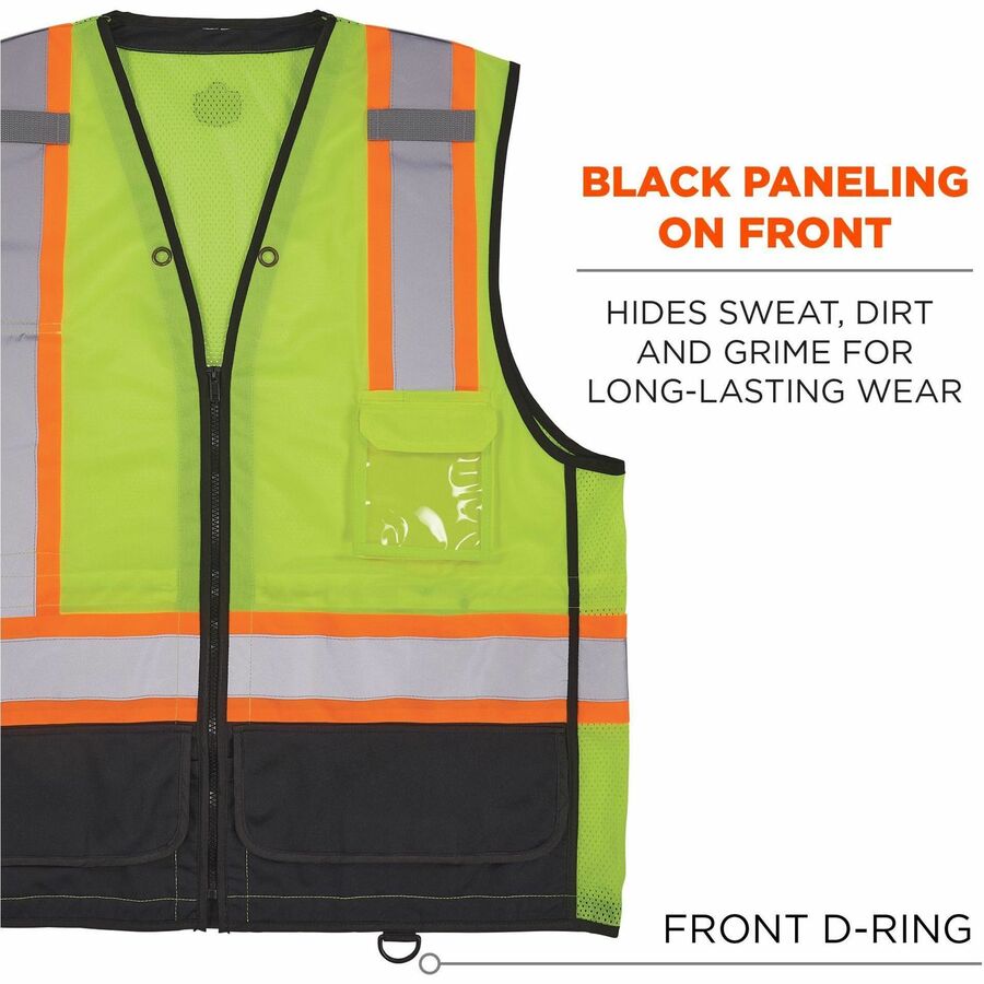 Ergodyne 8251HDZ-BK 2-Tone Hi-Vis Safety Vest, 2X/3X, Zipper Closure, Lime, Reflective, Mesh Back, Breathable, Lightweight, Multiple Pockets, 1 Each