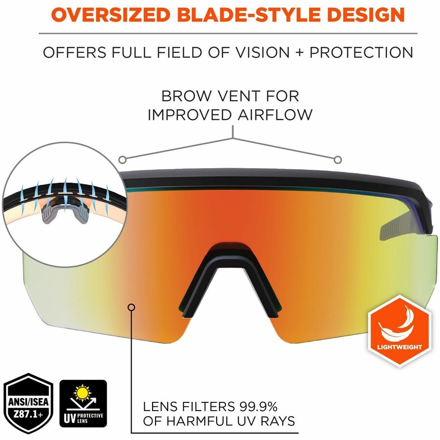Ergodyne Skullerz AEGIR Safety Glasses, Orange Mirror Lens, Matte Black Frame, Polycarbonate/Rubber, Non-slip, Sweat Resistant, Lightweight, Impact Resistant, Adjustable Temple, 1 Each