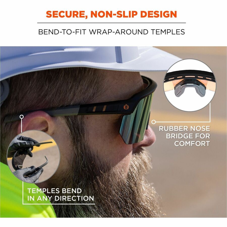 Ergodyne Skullerz AEGIR Safety Glasses, Orange Mirror Lens, Matte Black Frame, Polycarbonate/Rubber, Non-slip, Sweat Resistant, Lightweight, Impact Resistant, Adjustable Temple, 1 Each