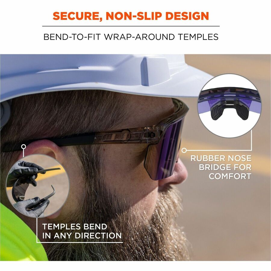 Ergodyne Skullerz AEGIR Safety Glasses, Blue Mirror Lens, Clear Smoke Frame, Polycarbonate/Rubber, Non-slip, Sweat Resistant, Lightweight, Impact Resistant, Adjustable Temple, 1 Each