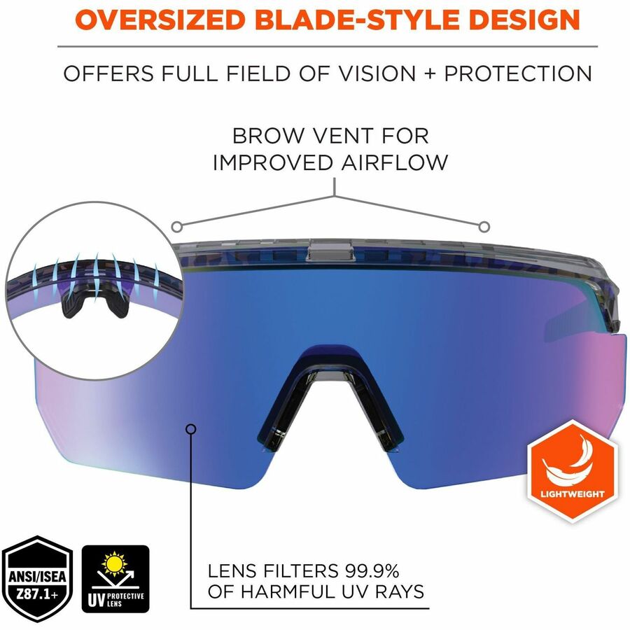 Ergodyne Skullerz AEGIR Safety Glasses, Blue Mirror Lens, Clear Smoke Frame, Polycarbonate/Rubber, Non-slip, Sweat Resistant, Lightweight, Impact Resistant, Adjustable Temple, 1 Each