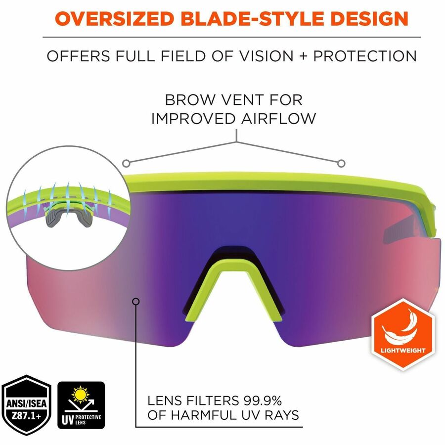 Ergodyne Aegir Enhanced Anti-Fog Safety Glasses, Purple Mirror Lens, Lime Frame, Polycarbonate/Rubber, Non-slip, Lightweight, Impact Resistant, Adjustable Temple, Vented, 1 Each