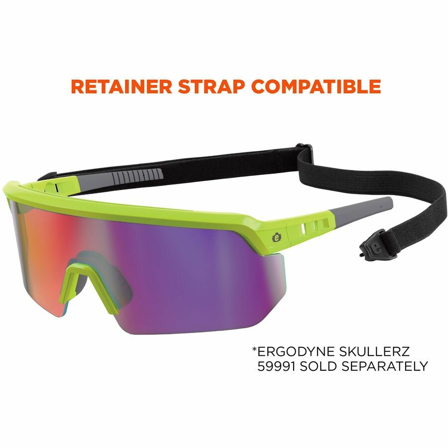 Ergodyne Aegir Enhanced Anti-Fog Safety Glasses, Purple Mirror Lens, Lime Frame, Polycarbonate/Rubber, Non-slip, Lightweight, Impact Resistant, Adjustable Temple, Vented, 1 Each