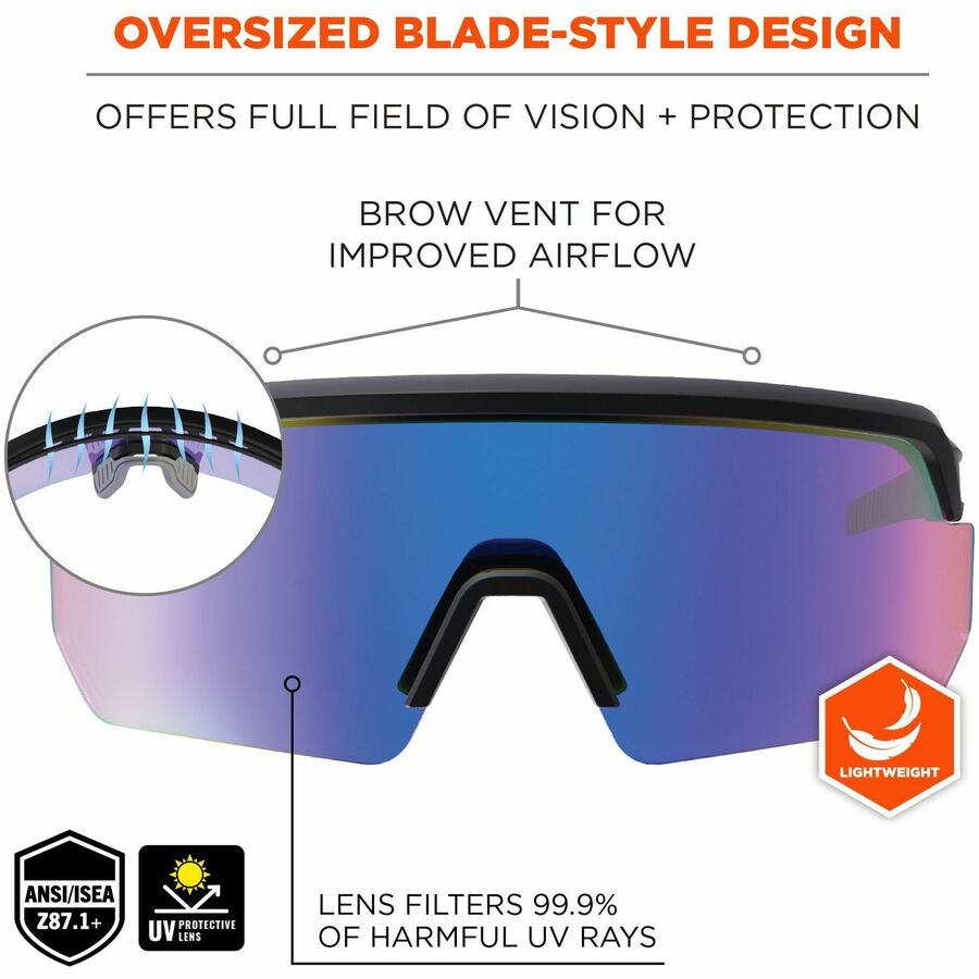 Ergodyne Skullerz AEGIR Safety Glasses, Blue Mirror Lens, Matte Black Frame, Polycarbonate/Rubber, Non-slip, Sweat Resistant, Lightweight, Impact Resistant, Adjustable Temple, 1 Each