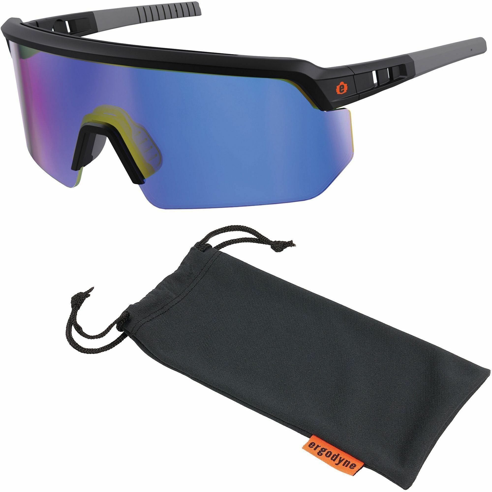 Ergodyne Skullerz AEGIR Safety Glasses, Blue Mirror Lens, Matte Black Frame, Polycarbonate/Rubber, Non-slip, Sweat Resistant, Lightweight, Impact Resistant, Adjustable Temple, 1 Each