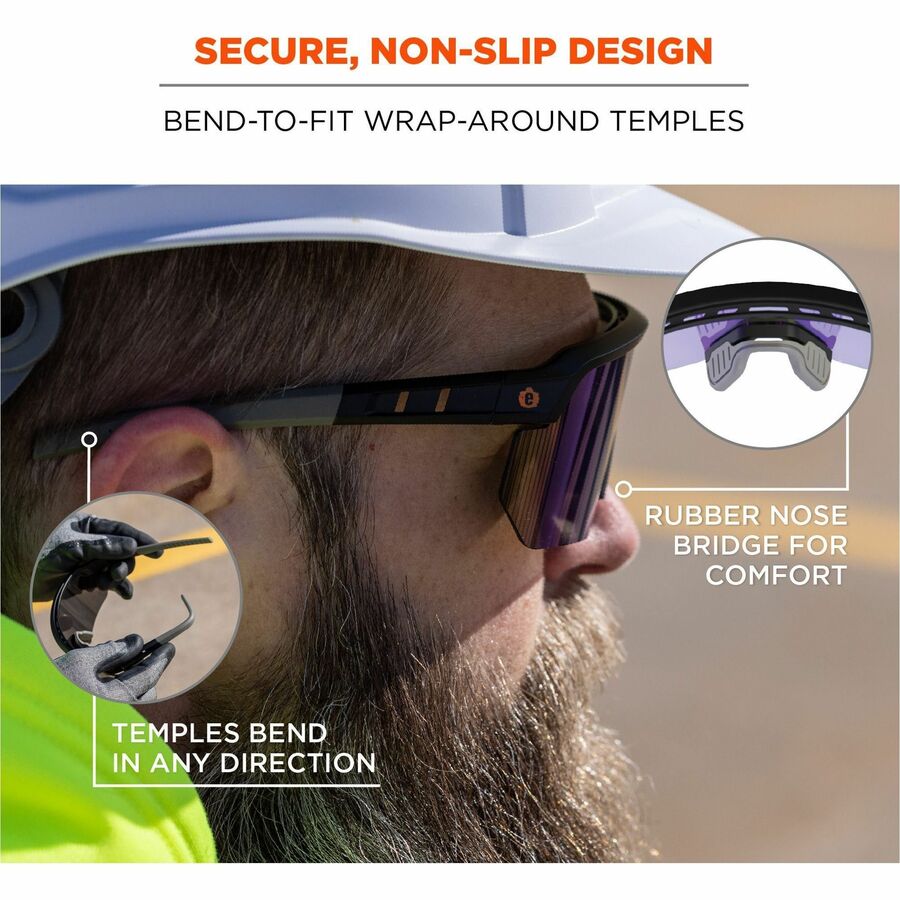 Ergodyne Skullerz AEGIR Safety Glasses, Blue Mirror Lens, Matte Black Frame, Polycarbonate/Rubber, Non-slip, Sweat Resistant, Lightweight, Impact Resistant, Adjustable Temple, 1 Each