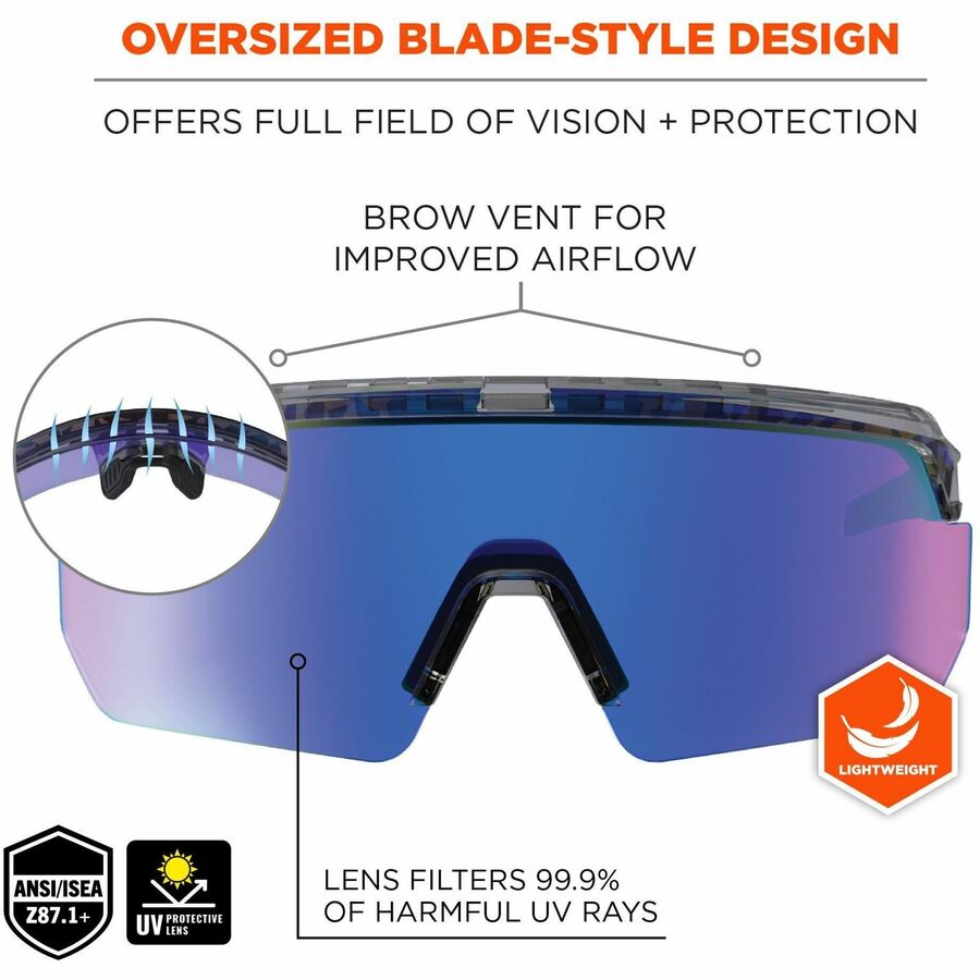 Ergodyne Aegir Enhanced Anti-Fog Safety Glasses, Blue Mirror Lens, Clear Smoke Frame, Polycarbonate/Rubber, Non-slip, Sweat Resistant, Lightweight, Impact Resistant, Adjustable Temple, Vented, 1 Each