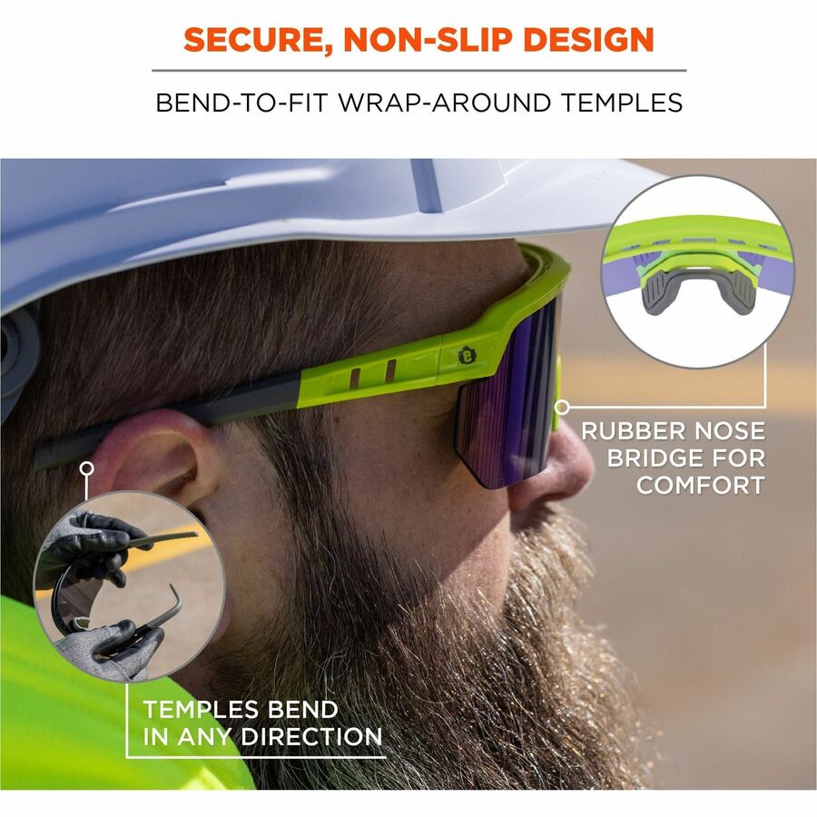 Ergodyne Skullerz AEGIR Safety Glasses, Blue Mirror Lens, Lime Frame, Polycarbonate/Rubber, Non-slip, Sweat Resistant, Lightweight, Impact Resistant, Adjustable Temple, Vented, 1 Each