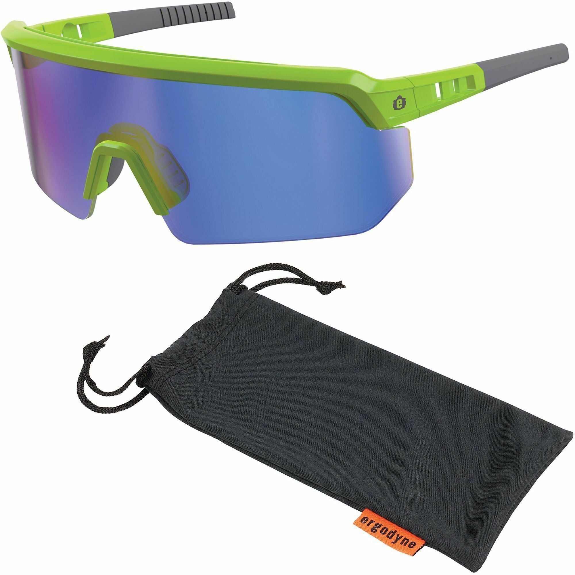 Ergodyne Skullerz AEGIR Safety Glasses, Blue Mirror Lens, Lime Frame, Polycarbonate/Rubber, Non-slip, Sweat Resistant, Lightweight, Impact Resistant, Adjustable Temple, Vented, 1 Each