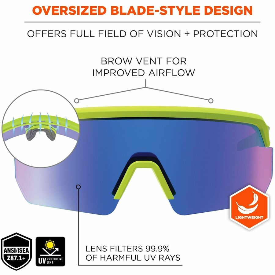 Ergodyne Skullerz AEGIR Safety Glasses, Blue Mirror Lens, Lime Frame, Polycarbonate/Rubber, Non-slip, Sweat Resistant, Lightweight, Impact Resistant, Adjustable Temple, Vented, 1 Each