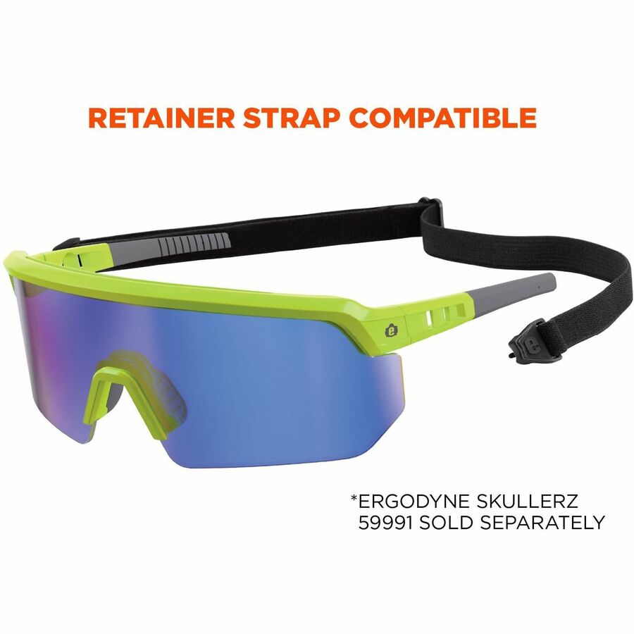 Ergodyne Skullerz AEGIR Safety Glasses, Blue Mirror Lens, Lime Frame, Polycarbonate/Rubber, Non-slip, Sweat Resistant, Lightweight, Impact Resistant, Adjustable Temple, Vented, 1 Each