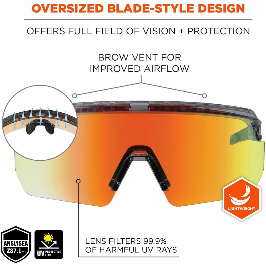 Ergodyne Skullerz AEGIR Safety Glasses, Orange Mirror Lens, Clear Smoke Frame, Polycarbonate/Rubber, Non-slip, Sweat Resistant, Lightweight, Impact Resistant, Adjustable Temple, 1 Each