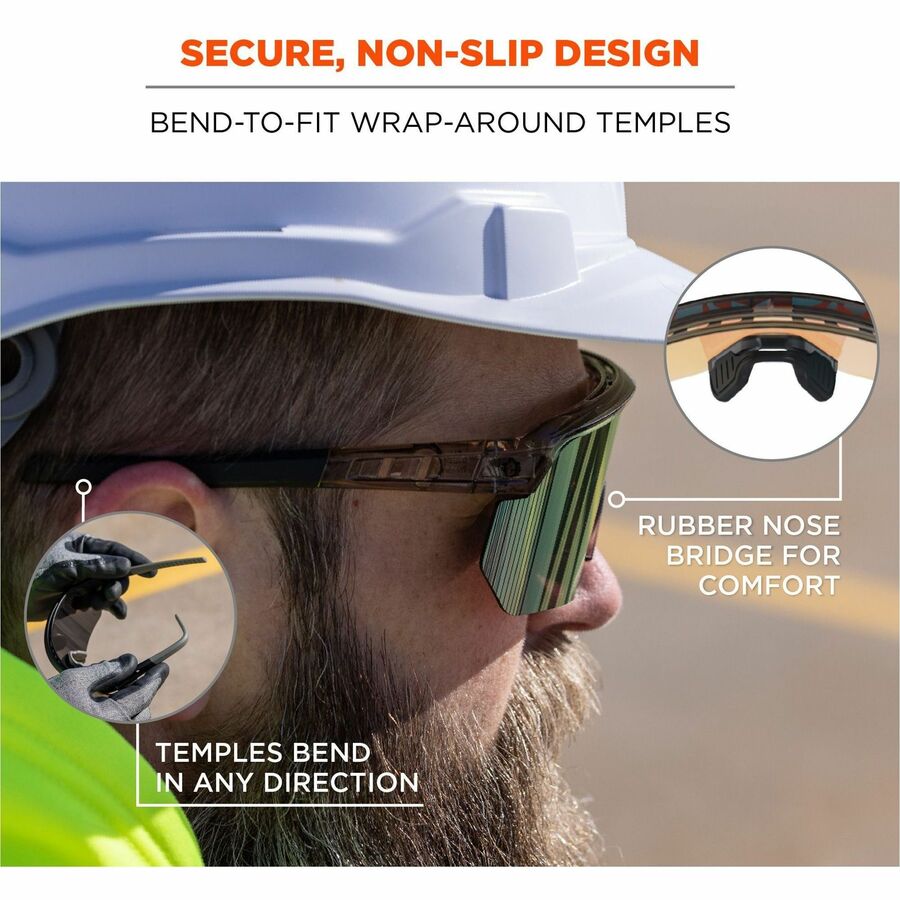 Ergodyne Skullerz AEGIR Safety Glasses, Orange Mirror Lens, Clear Smoke Frame, Polycarbonate/Rubber, Non-slip, Sweat Resistant, Lightweight, Impact Resistant, Adjustable Temple, 1 Each
